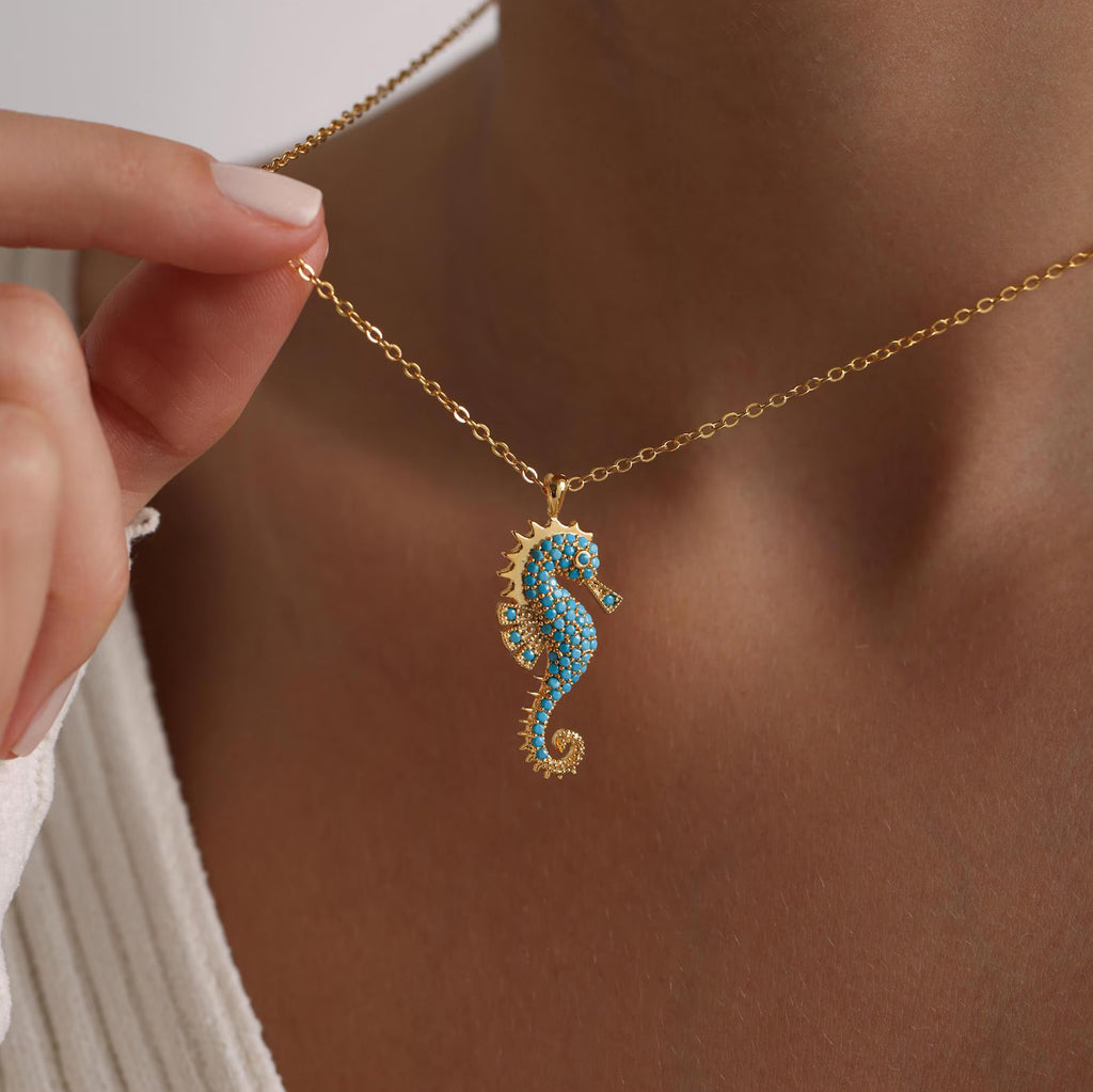 Gold Dainty Sea Horse Pave Necklace